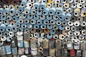 Empty color cans kept in scrap yard in Bombay Mumbai