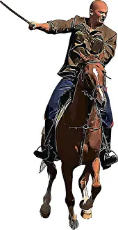 Color vector image of a Cossack performing tricks on racehorses