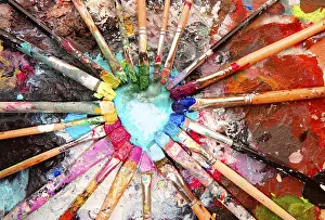 Many colorful brushes, acrylic paint