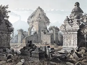 This coloured lithograph depicts the ruins of the temple of Prambanan in central Java