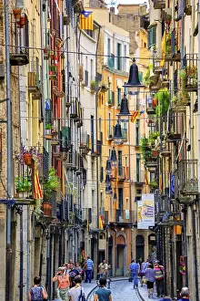 Colourful alley in the old town of Girona with lanterns