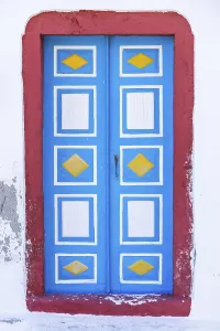 Colourful church door, monastery church Panagia Agrilia