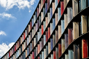 Colourful exterior facade of an office building in the financial district