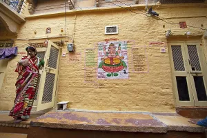 Colourful Ganesha picture on a house wall in the fortress of Jaisalmer