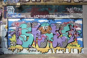 Colourful graffiti with dog in cap and lettering against an urban background