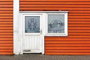 Category Historic EN Prints: Colourful lobster shack, orange wooden facade with door and window