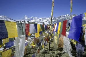 Colourful prayer flags printed with holy verses and a Wind Horse