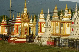 Category Buddhism Prints: Many colourful stupas monastery Wat Tham Fai Pakse Laos