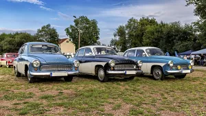 Three combined vintage cars in blue