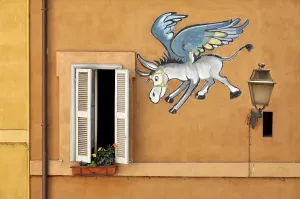 Comic wall painting of a winged donkey