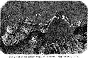 Complete, lying skeleton in the Red Cave near Menton on the Mediterranean, found in 1872, folded arms, grave with grave goods, battle axe, dagger, shells, history of mankind, France, historical illustration 1880, Europe