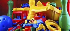 Composition with colorful plastic children toys