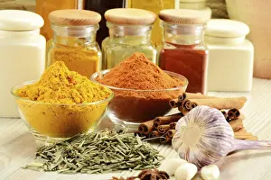 Composition with variety of spices on kitchen table