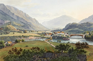 Confluence of the Hinterrhein and Anterior Rhine, at the birthplace of the Alpine Rhine, Reichenau, Graubuenden, Switzerland, view from around 1830