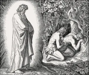 Confrontation, fall of man, by Julius Schnorr von Carolsfeld