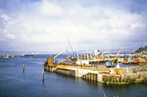 Construction of the new outer harbour, Brixham, Devon, England, UK 1986