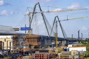 Construction site on the left bank of the Rhine for the new construction of the second motorway bridge of the A1 over