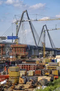 Construction site on the left bank of the Rhine for the new construction of the second motorway bridge of the A1 over