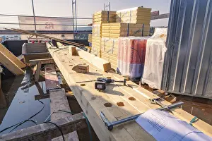 Construction site with wood and tools