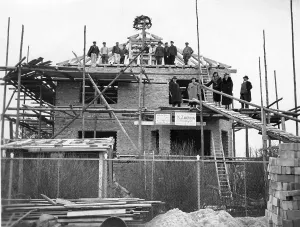 Construction workers, topping-out ceremony