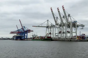 Container ships and container gantry cranes under grey skies on the Elbe at the Tollerort container terminal