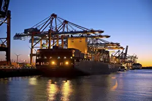 Container ships at the Eurogate container terminal in the evening with an atmospheric sunset