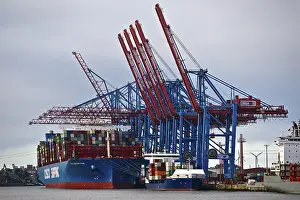 Container ships at the Tollerort container terminal in the Port of Hamburg