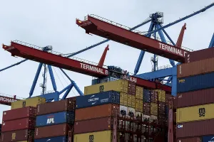 Containers and container gantry cranes against a grey sky at the Burchardkai container terminal in the port of Hamburg