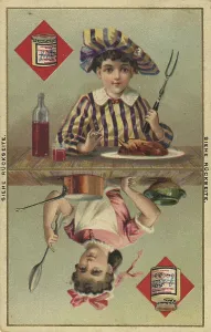 Cook, boy with roast, check, digitally restored reproduction of a public domain collector's picture from c