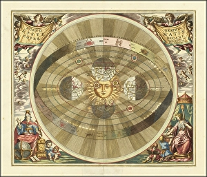 Copernicus heliocentric model of the universe, 1660, digitally improved reproduction of a work of Andreas Cellarius (1596 - 1665), a Dutch-German cartographer and cosmographer best known for his Harmonia Macrocosmica from 1660