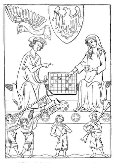 Costumes around 1300, below player with striped colours on the skirt