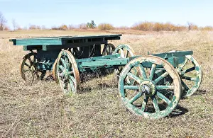 Country life. Old wooden carts without a horses stand at the field