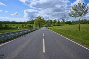 Country road through green fields and trees under a slightly cloudy sky