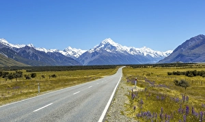 Country road overlooking snow-capped Mount Cook National Park