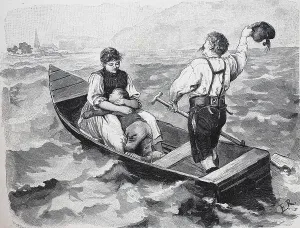 Couple with child crossing the lake in a barge