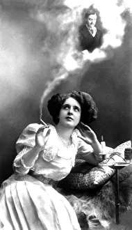 Couple, early montage, woman smokes and beloved man appears in cigarette smoke
