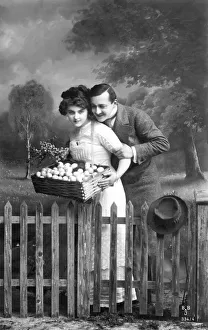 Couple flirting at Easter, historical image