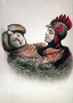Couple, man and woman disguised as cock and chicken