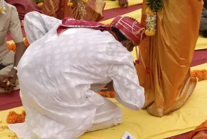 Couples getting married at mass marriage function organized by Sant Nirankari Mission at Airoli