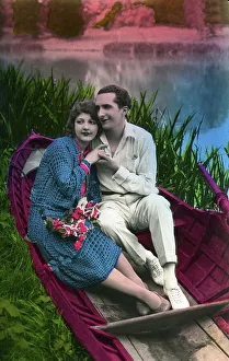 Courting couple in a boat, historical photo