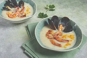 Cream soup, chowder with mussels and shrimp
