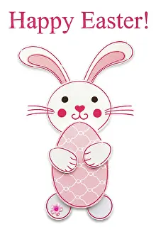 Creative Easter concept photo of a rabbit with a paper egg on a white background
