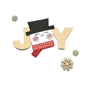 Creative photo of a paper snowman with joy sign on a white background