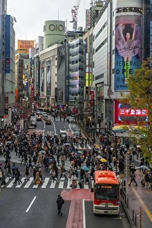 Crossing from above, crowds of people crossing zebra crossings at crossing