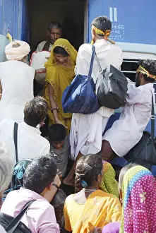Crowd of pilgrims trying to enter a train at Runecha near Ramdevra fair
