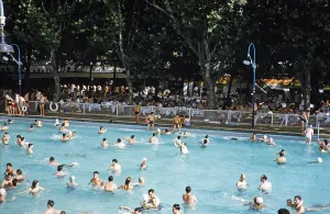 Crowded outdoor swimming pool, Madrid, Spain 1959