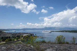A cruise liner approaches Corfu Town on the Greek island of Corfu in the Ionian Sea