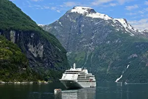 Category Scandinavia Prints: Cruise ship Silver Whisper and shuttle boat in Geiranger