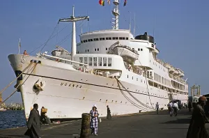 The cruise ship SS Uganda, built in 1952 as a passenger ship, on the quay in Dakar, Senegal, West Africa in 1978, when it was used as an educational cruise ship, Africa