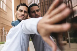 A Cuban man stands confidently in an urban setting with headphones around his neck